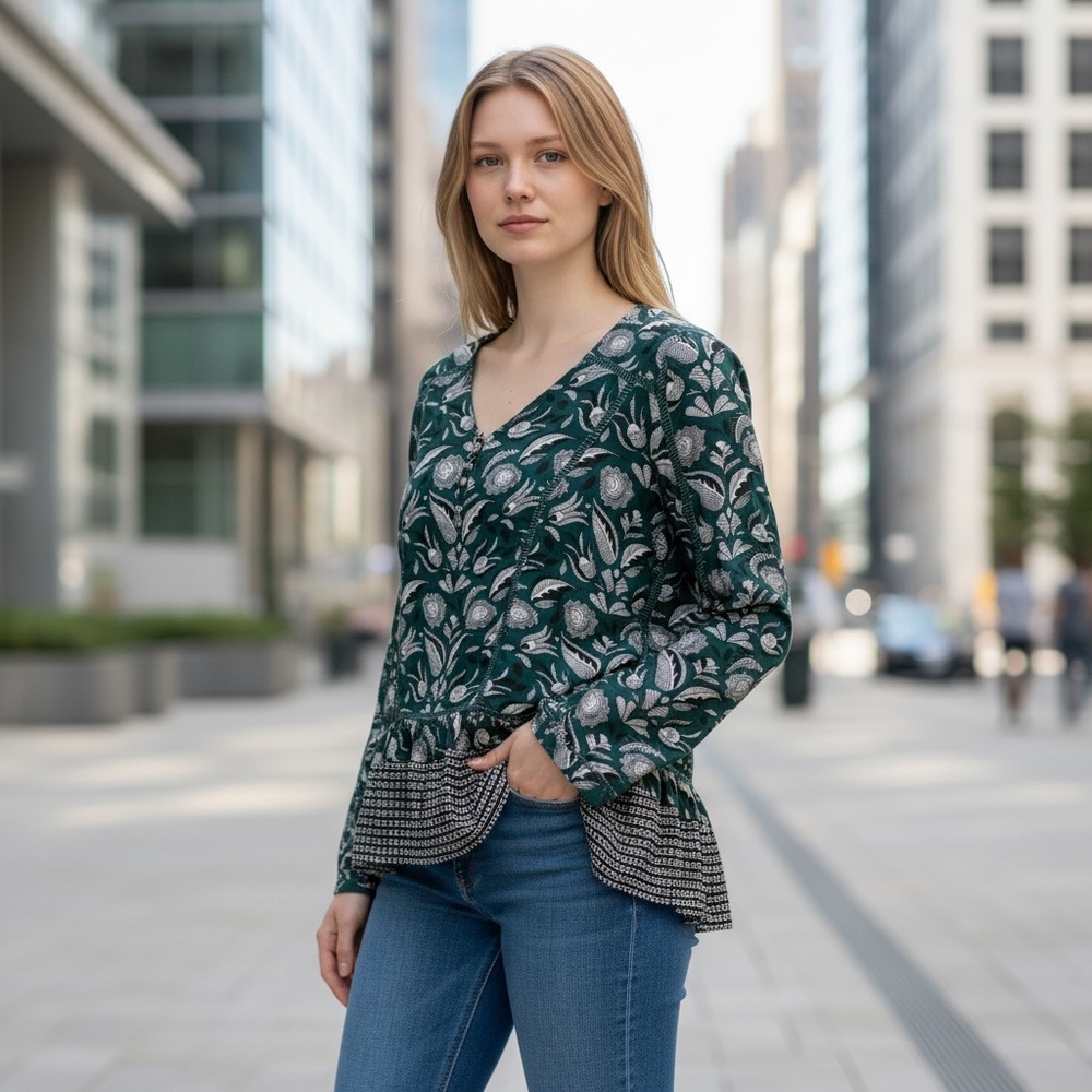 Floral V-Neck Peplum Top - Green and Black